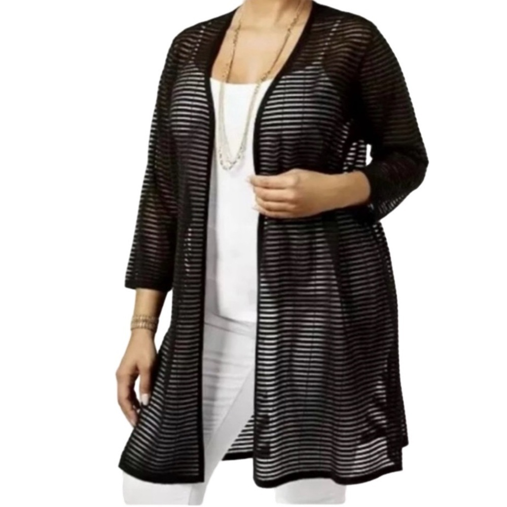 Alfani semi-sheer black cardigan. Striped. Size L. 3/4 sleeves.